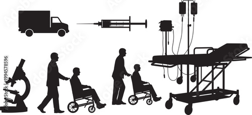 Flat vector illustration, medical silhouettes, ambulance syringe IV stand hospital bed microscope wheelchair patient care healthcare diagnostic artwork