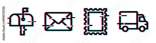 Mailbox envelope stamp delivery truck icons with a modern glitch effect, representing postal service, communication, and shipping concepts.