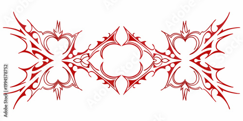 Three symmetrical red designs resembling hearts with sharp spiky extensions