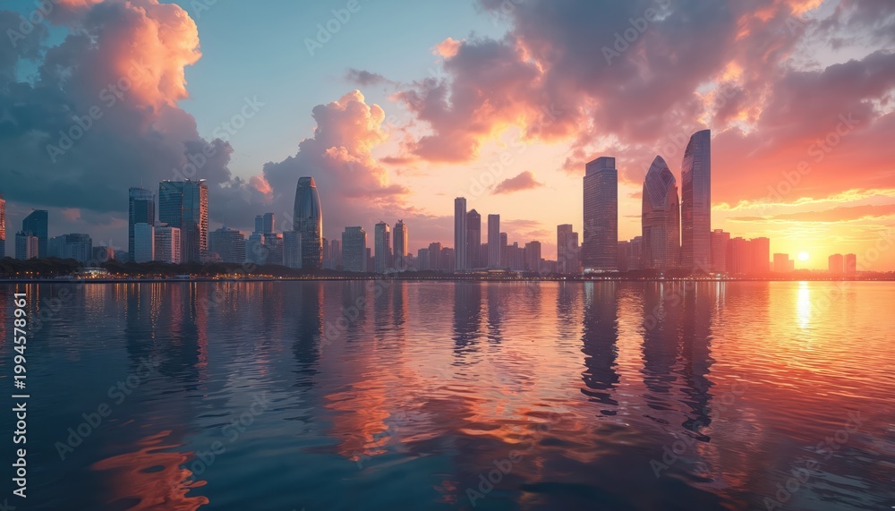 Fototapeta premium Modern city skyline at sunset. Tall glass buildings reflect on calm water surface. Fiery clouds fill the sky. Cityscape overlooks calm bay area at dusk.