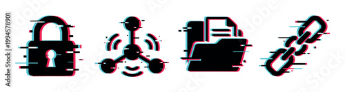 Digital icons with glitch effect representing security, network, data, and connection in a modern technology concept.