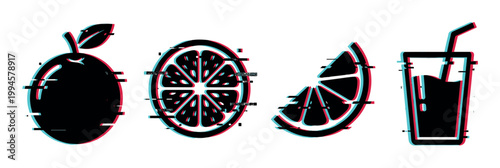 Glitch effect citrus fruits and juice icons with digital distortion, vibrant cyan and magenta color shift, modern graphic design elements.