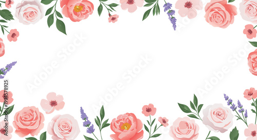 Floral border frame with red roses and green leaves on white background