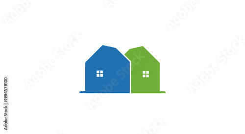 Minimalist representation of two houses, blue and green, suitable for real estate or construction