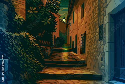 A quiet night scene from Tossa de Mar on the Costa Brava, showing a narrow cobblestone alley illuminated by a warm streetlamp. Stone walls, wooden doors, and shuttered windows

