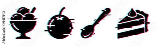 Glitch effect dessert icons featuring ice cream, fruit, spoon, and cake slice in a modern digital style illustration.