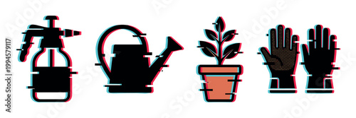 Glitch effect gardening tools and potted plant with protective gloves for horticulture activities and home garden care.