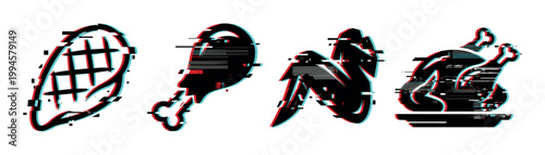 Chicken meat parts with digital glitch effect, including breast, drumstick, wings, and a whole roasted bird, in a modern graphic style.