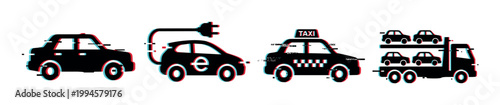 Cars, vehicles, and transportation icons with a modern digital glitch effect representing various modes of road travel and mobility services