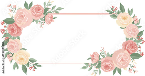 Watercolor floral wreath with red and pink flowers and leaves on white background