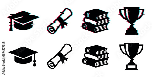 Education achievement icons set with glitch effect and solid black versions representing academic success, learning, and graduation.