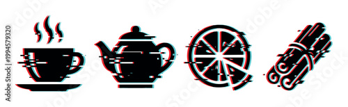 Glitch effect tea cup, teapot, citrus slice, and cinnamon sticks vector illustration set with digital distortion.