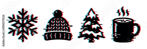 Glitch effect winter icons featuring a snowflake, warm hat, festive Christmas tree, and steaming hot drink mug.