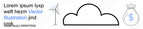 Clean energy, cloud technology, financial investment, innovation, sustainability, green future. Wind turbine, cloud money bag with dollar symbol. Clean energy and cloud technology concepts