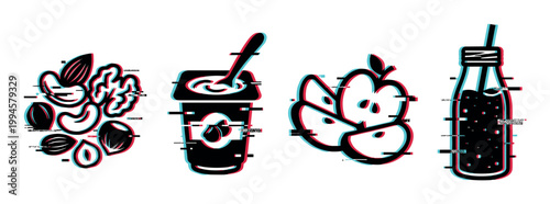 Healthy food icons with glitch effect featuring nuts, yogurt, apple slices, and a drink bottle, representing nutritious snacks and wellness.