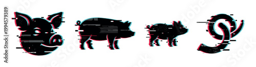 Pig silhouettes with a modern glitch effect and digital distortion in a vibrant graphic illustration set.