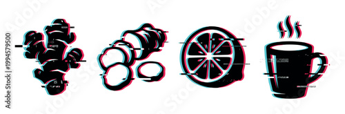 Ginger root, sliced ginger, lemon slice, and steaming mug depicted with a modern glitch effect.