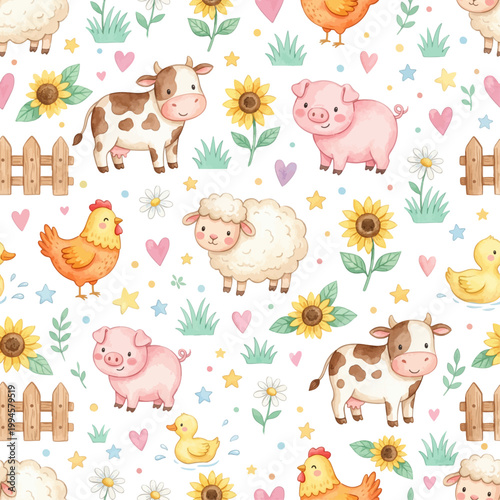 Watercolor Seamless Pattern — Cute Farm Animal Cow Pig Sheep Chicken Duck Sunflower Nursery Background
