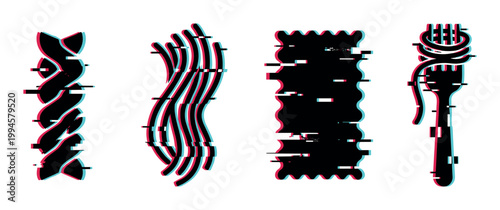 Glitch art pasta shapes vector illustration featuring fusilli, spaghetti, lasagna, and a fork with noodles in a modern digital style.