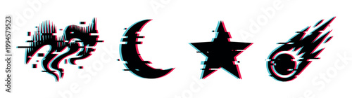 Glitch effect shapes, including a dragon, moon, star, and comet, with digital distortion and RGB shift for modern design.