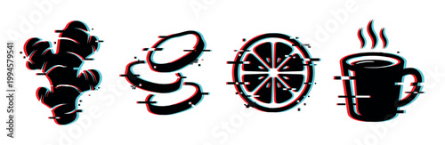 Ginger, lemon, and hot mug icons with a modern glitch effect, representing healthy and warming beverages or digital art.