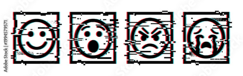 Glitch emoji faces displaying various emotions like happiness, surprise, anger, and sadness with digital distortion effect.