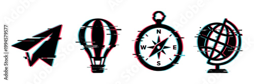 Paper airplane, hot air balloon, compass, and globe icons with a modern digital glitch effect representing travel and adventure.