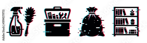 Household items and tools for cleaning, maintenance, and organization with a modern digital glitch effect.