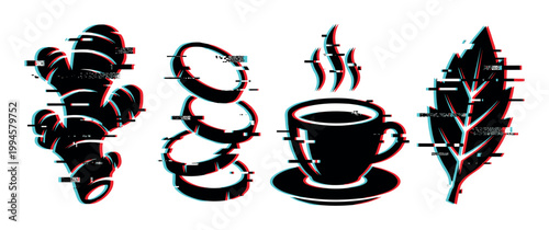 Ginger, tea cup, leaf, and slices with a modern digital glitch effect, perfect for health and wellness designs and herbal remedies.