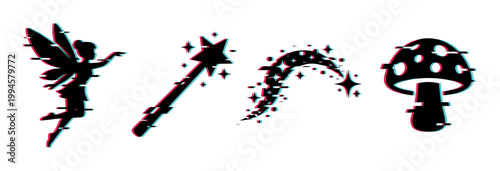 Fantasy fairy, magic wand, sparkling trail, and mushroom silhouettes with a trendy digital glitch effect.