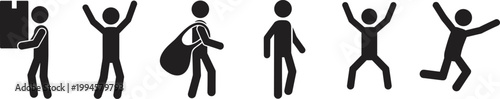Flat vector illustration, stick figure silhouettes, human action poses icons, walking carrying jumping celebrating artwork, black white design