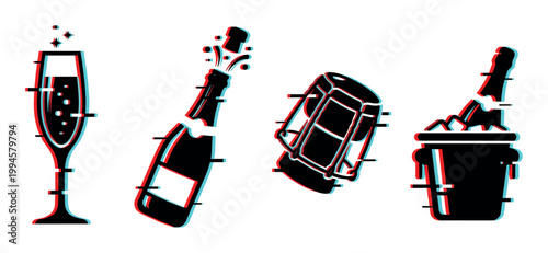 Champagne celebration icons with a modern glitch effect, featuring a popping bottle, flute, cork, and ice bucket, perfect for festive designs.