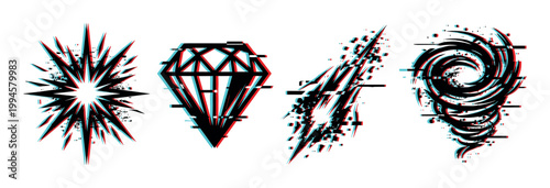 Glitch art shapes with digital distortion effect, including a starburst, diamond, lightning bolt, and swirling tornado graphic.