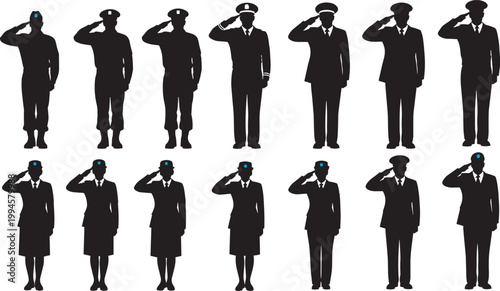 Military salute silhouettes, uniformed people illustration, disciplined ceremony art, black silhouette figures, formal respect gesture design, official salute artwork