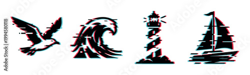 Glitch effect nautical icons set including a seagull, wave, lighthouse, and sailboat with anaglyph style.