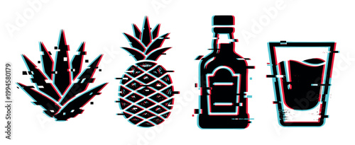 Agave, pineapple, bottle, and shot glass silhouettes featuring a modern digital glitch effect.