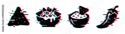 Nacho chips, dip, and chili pepper icons with a modern digital glitch effect, representing Mexican cuisine and snack food.