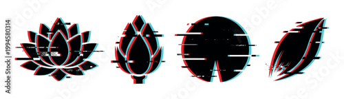 Glitch art botanical shapes vector illustration featuring a lotus, artichoke, lily pad, and leaf with digital distortion effect.