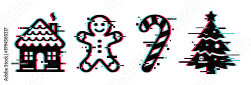 Gingerbread house, gingerbread man, candy cane, and Christmas tree icons with a modern digital glitch effect, representing festive holiday season symbols.