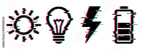 Sun lightbulb lightning battery icons featuring a modern digital glitch effect, symbolizing power, energy, and innovative ideas.