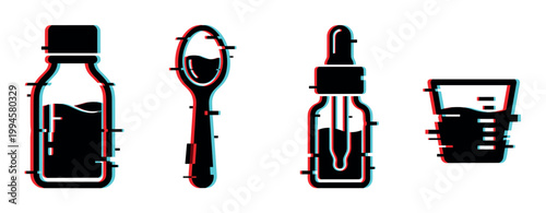 Medicine dosage tools with digital glitch effect, including a bottle, spoon, dropper, and measuring cup, representing modern healthcare concepts.