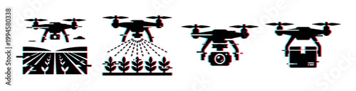 Modern drone technology applications including agriculture, surveillance, photography, and delivery, depicted with a digital glitch effect.