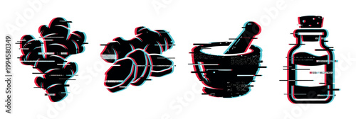 Ginger roots, mortar and pestle, and a bottle with a glitch effect illustration representing natural remedies and traditional medicine.