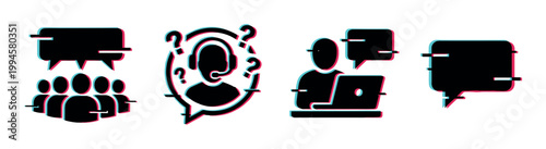Digital communication and customer support icons with a modern glitch effect, representing online interaction and helpdesk services.