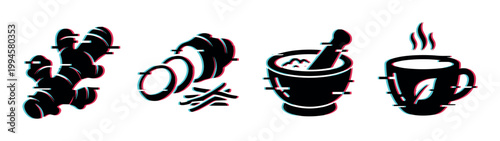 Ginger root, sliced ginger, mortar and pestle, and a steaming cup of herbal tea with a modern digital glitch effect.