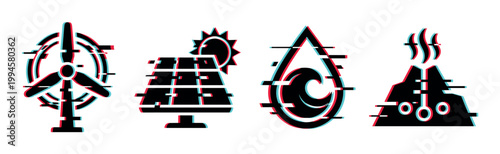 Renewable energy icons with a modern digital glitch effect, representing sustainable power generation methods for eco-friendly concepts.