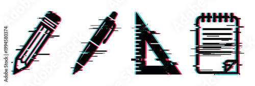 Pencil, pen, ruler, and notepad icons with a modern digital glitch effect, representing education and office supplies.