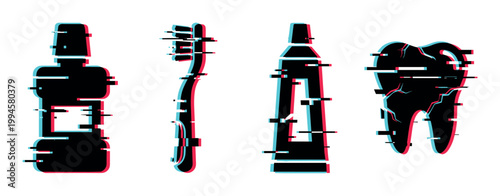 Mouthwash, toothbrush, toothpaste, and cracked tooth silhouettes with a modern digital glitch effect representing oral health issues.