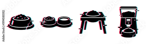 Collection of pet feeding bowls, an elevated feeder, and an automatic dispenser, all filled with food, depicted in a modern glitch art style.