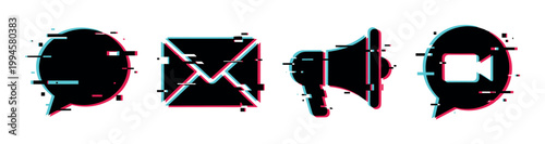 Digital communication icons with a modern glitch effect, representing social media, messaging, and broadcasting concepts.